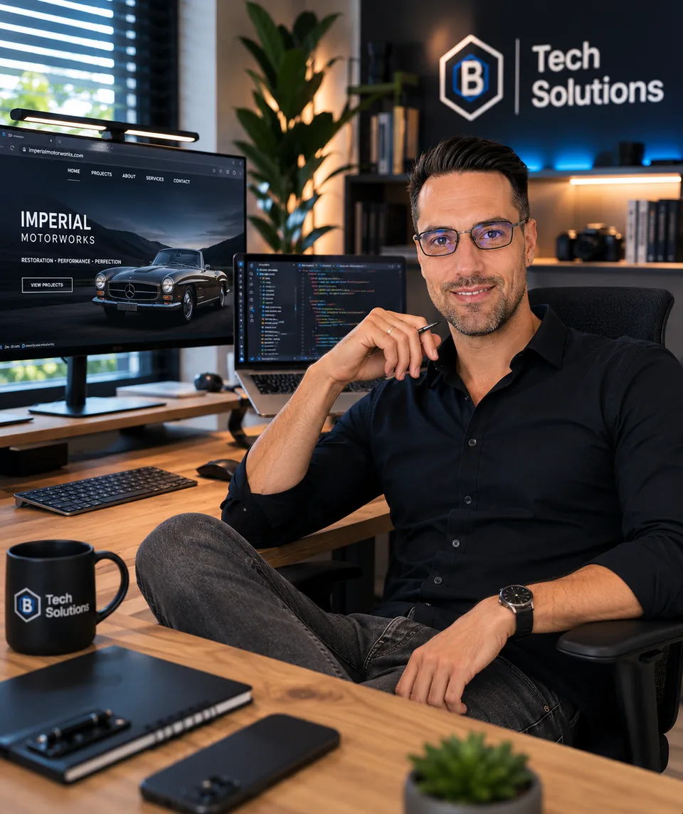 Benjamin Tietz in the BTECH SOLUTIONS office – development environment with a live project and code