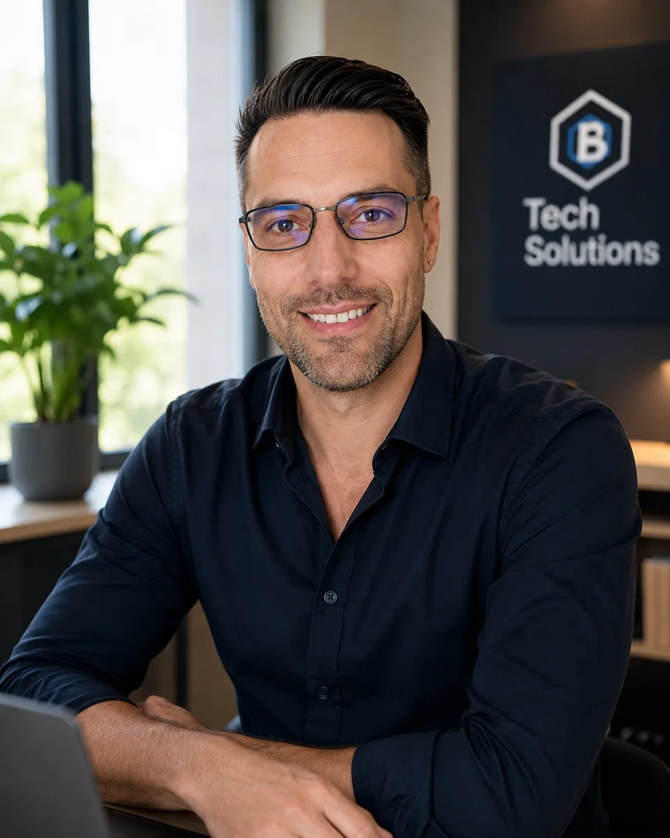 Benjamin Tietz working at his desk in the BTECH SOLUTIONS office