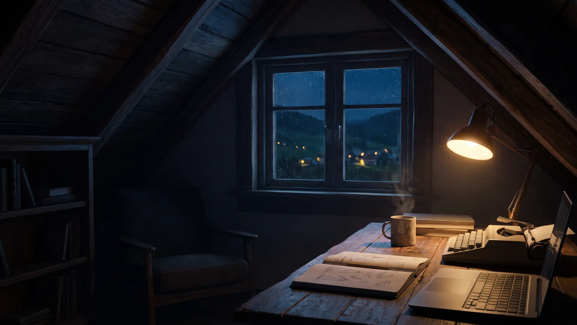 Abendlicher Arbeitsplatz unter einer Dachschräge: Schreibtischlampe, Skizzenbuch und der Blick über ein Tal im Bergischen Land