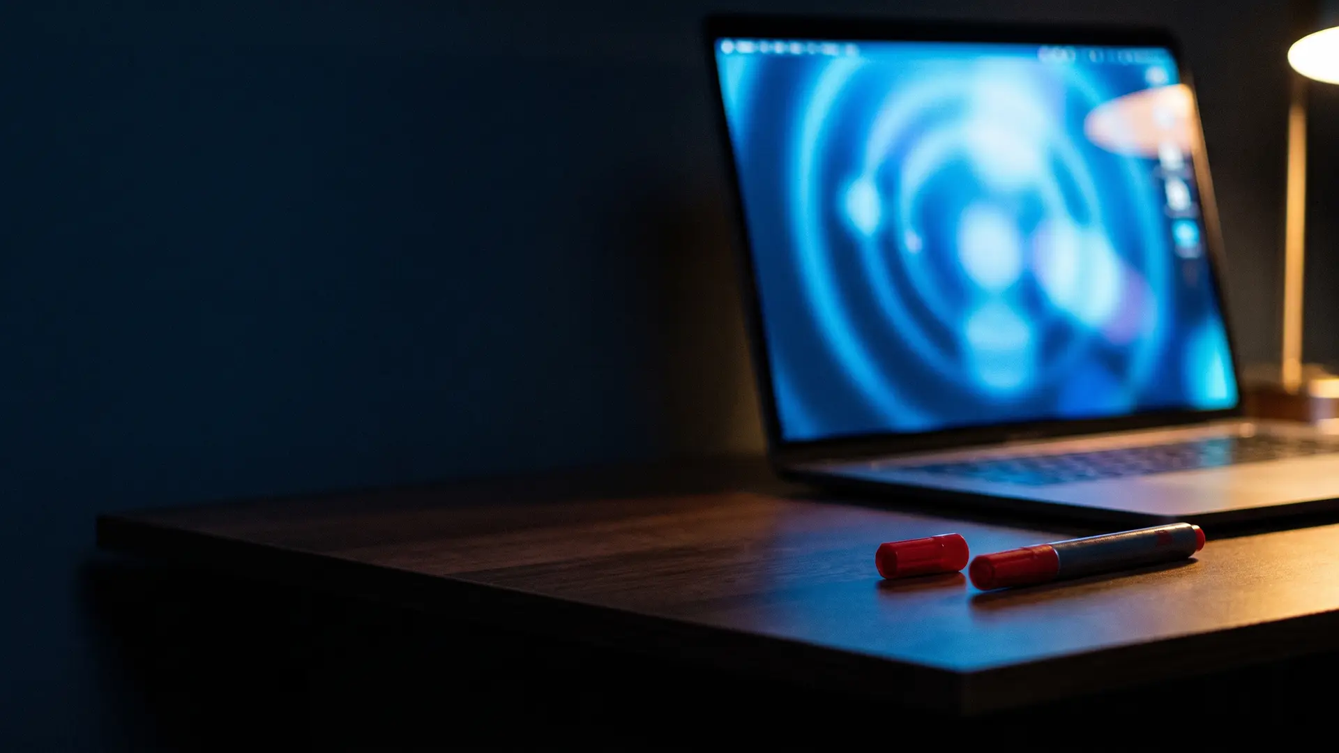 Laptop bei Nacht mit unscharf leuchtenden Messringen auf dem Bildschirm, daneben ein roter Marker auf dem Schreibtisch