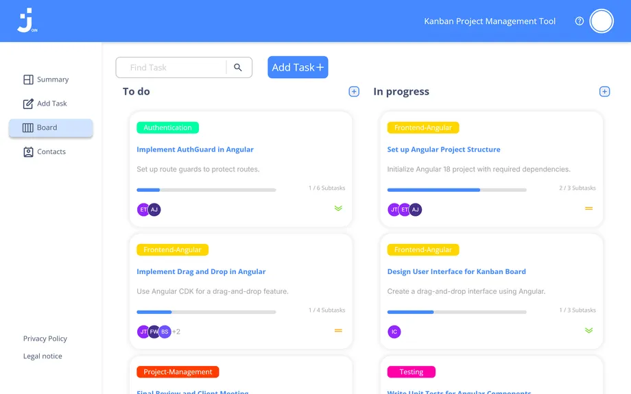 Join Kanban-Board: Aufgabenkarten mit Kategorie, Subtask-Fortschritt und Priorität in den Spalten To do und In progress