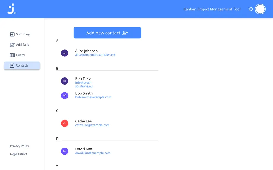 Join Kontaktverwaltung: alphabetisch gruppierte Teammitglieder mit Initialen-Avatar