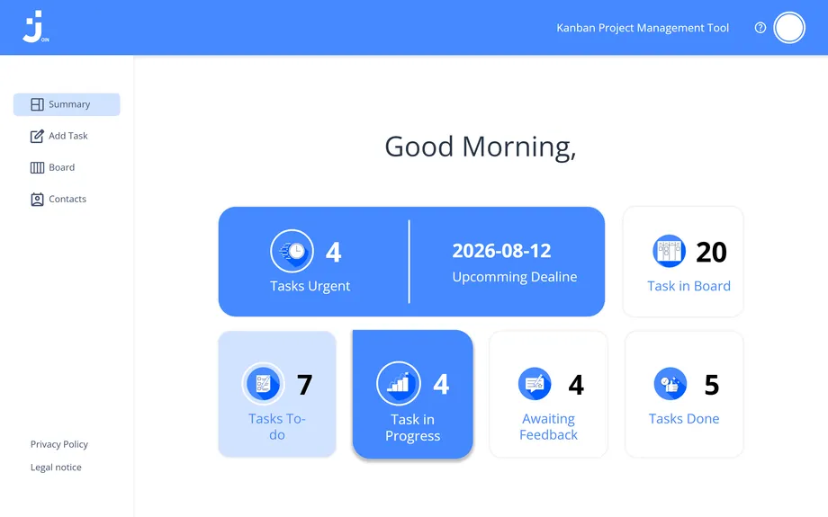 Join Dashboard: Aufgabenzahlen je Status und die nächste anstehende Frist
