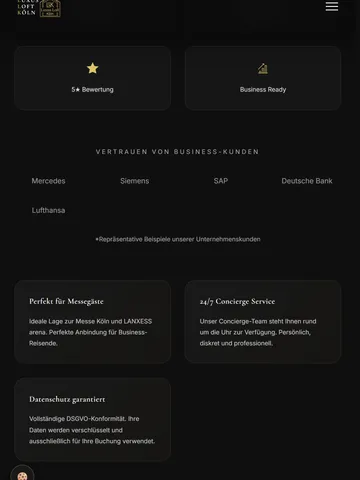 Luxus Loft Köln Premium Apartment Website for Exclusive Short-Term Rentals – Digital Presence & Booking Strategy (Tablet)