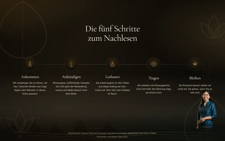 LADDAWAN Demo-Website für Massagestudios mit Scroll-Film und Buchung ohne Konto – Die Gastgeberin (Desktop)
