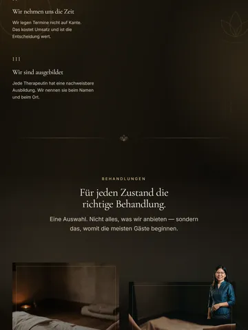 LADDAWAN Demo-Website für Massagestudios mit Scroll-Film und Buchung ohne Konto – Die Gastgeberin (Tablet)
