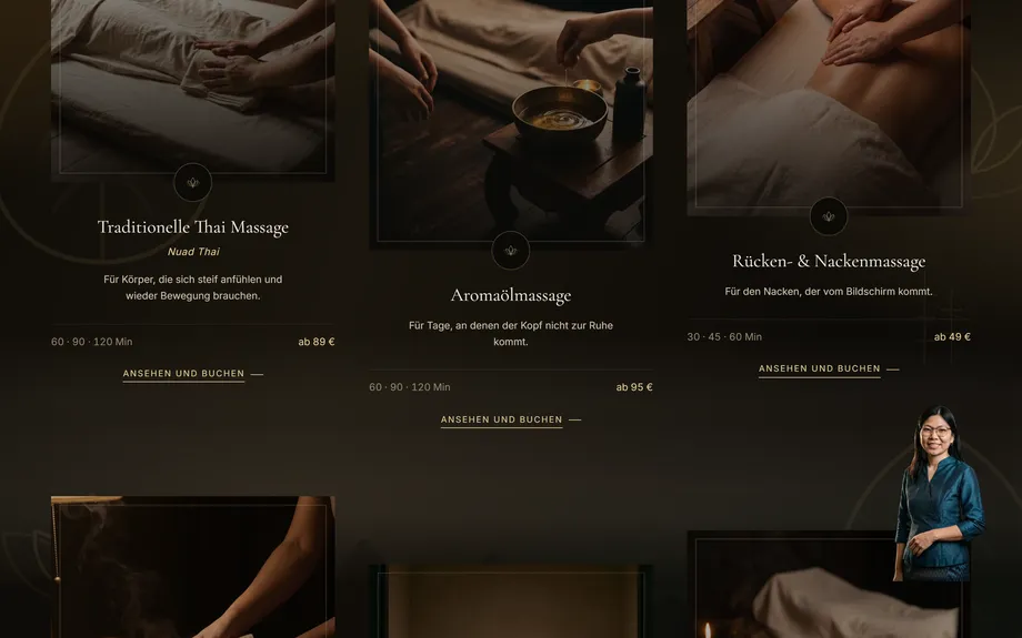 LADDAWAN Demo-Website für Massagestudios mit Scroll-Film und Buchung ohne Konto – Die Terminstrecke (Desktop)