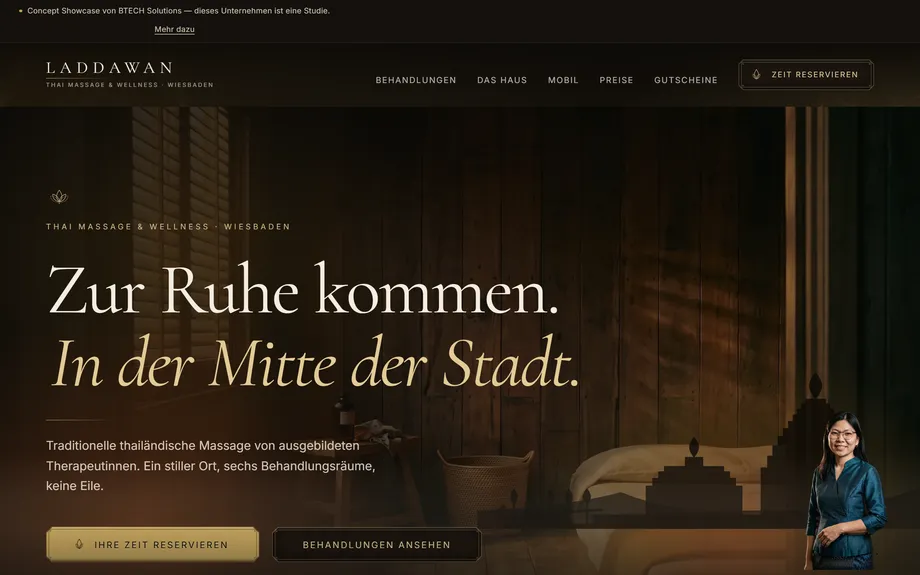 LADDAWAN Demo-Website für Massagestudios mit Scroll-Film und Buchung ohne Konto – Projektüberblick (Desktop)