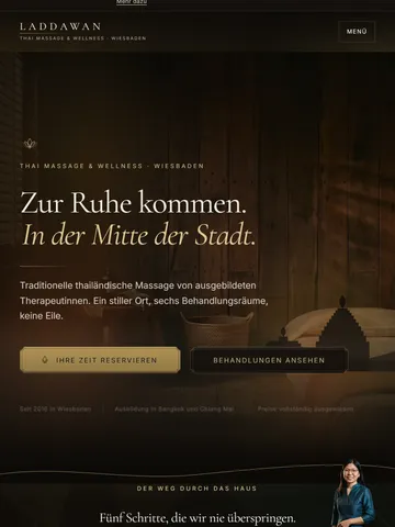 LADDAWAN Demo-Website für Massagestudios mit Scroll-Film und Buchung ohne Konto – Projektüberblick (Tablet)