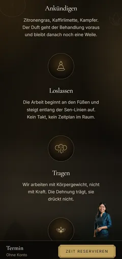 LADDAWAN Demo-Website für Massagestudios mit Scroll-Film und Buchung ohne Konto – Der Weg durch das Haus (Smartphone)