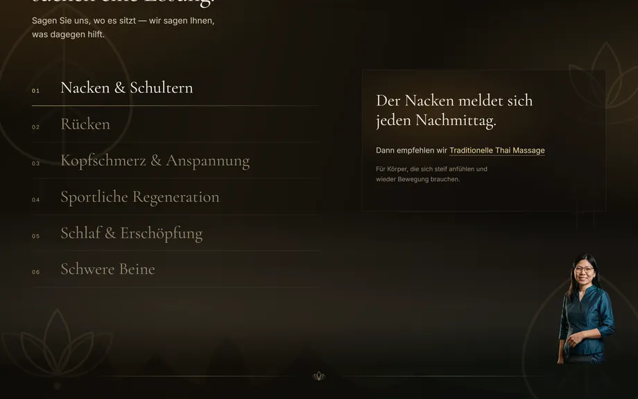 LADDAWAN Demo-Website für Massagestudios mit Scroll-Film und Buchung ohne Konto – Was ein echtes Studio davon übernimmt (Desktop)