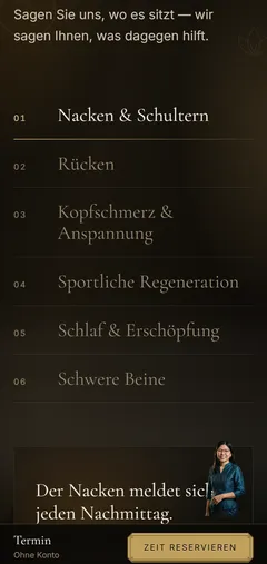 LADDAWAN Demo-Website für Massagestudios mit Scroll-Film und Buchung ohne Konto – Was ein echtes Studio davon übernimmt (Smartphone)
