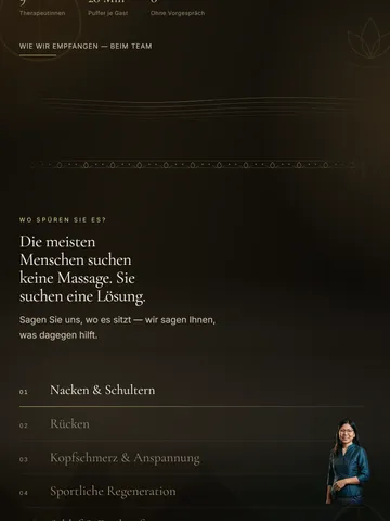 LADDAWAN Demo-Website für Massagestudios mit Scroll-Film und Buchung ohne Konto – Was ein echtes Studio davon übernimmt (Tablet)