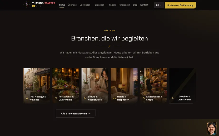 ThaiKickStarter Europe Dreisprachige Agenturplattform mit scrollgesteuertem Film – Architektur, Tempo & Datensparsamkeit (Desktop)