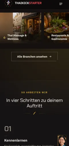 ThaiKickStarter Europe Dreisprachige Agenturplattform mit scrollgesteuertem Film – Architektur, Tempo & Datensparsamkeit (Smartphone)