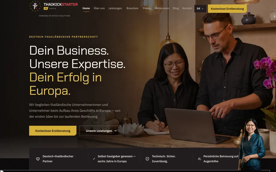 ThaiKickStarter Europe Dreisprachige Agenturplattform mit scrollgesteuertem Film – Projektüberblick (Desktop)
