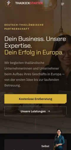 ThaiKickStarter Europe Dreisprachige Agenturplattform mit scrollgesteuertem Film – Projektüberblick (Smartphone)