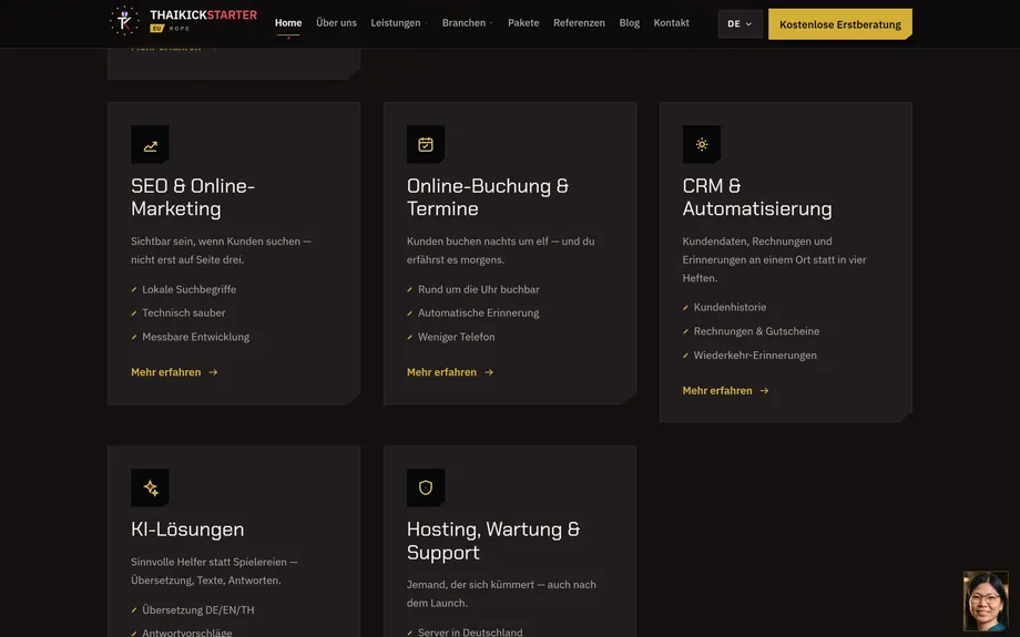 ThaiKickStarter Europe Dreisprachige Agenturplattform mit scrollgesteuertem Film – Der scrollgesteuerte Film (Desktop)
