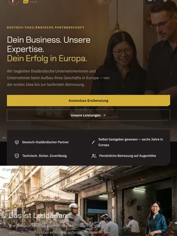 ThaiKickStarter Europe Dreisprachige Agenturplattform mit scrollgesteuertem Film – Tablet