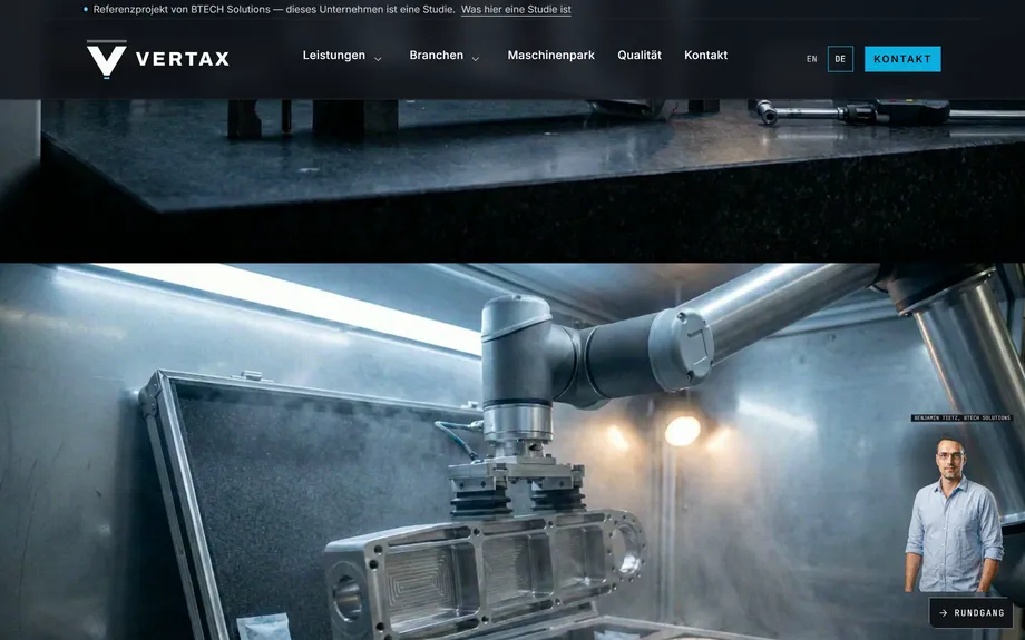 VERTAX Industries Industrie-Website mit scrollgesteuertem Fertigungsfilm und digitalem Assistenten – Architektur, Tempo & Datensparsamkeit (Desktop)