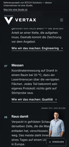VERTAX Industries Industrie-Website mit scrollgesteuertem Fertigungsfilm und digitalem Assistenten – Architektur, Tempo & Datensparsamkeit (Smartphone)