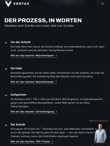 VERTAX Industries Industrie-Website mit scrollgesteuertem Fertigungsfilm und digitalem Assistenten – Architektur, Tempo & Datensparsamkeit (Tablet)