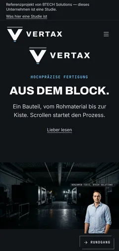 VERTAX Industries Industrie-Website mit scrollgesteuertem Fertigungsfilm und digitalem Assistenten – Projektüberblick (Smartphone)