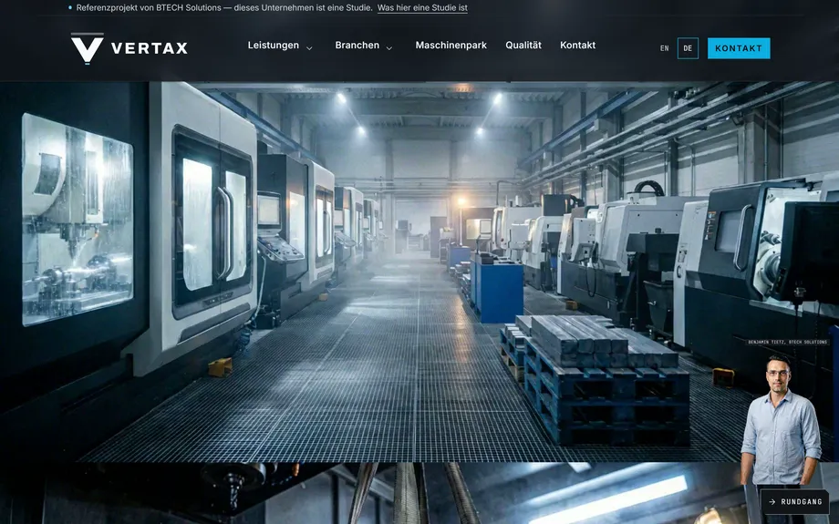 VERTAX Industries Industrie-Website mit scrollgesteuertem Fertigungsfilm und digitalem Assistenten – Der scrollgesteuerte Fertigungsfilm (Desktop)