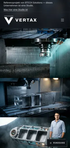 VERTAX Industries Industrie-Website mit scrollgesteuertem Fertigungsfilm und digitalem Assistenten – Der scrollgesteuerte Fertigungsfilm (Smartphone)