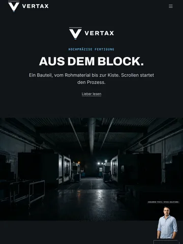 VERTAX Industries Industrie-Website mit scrollgesteuertem Fertigungsfilm und digitalem Assistenten – Tablet
