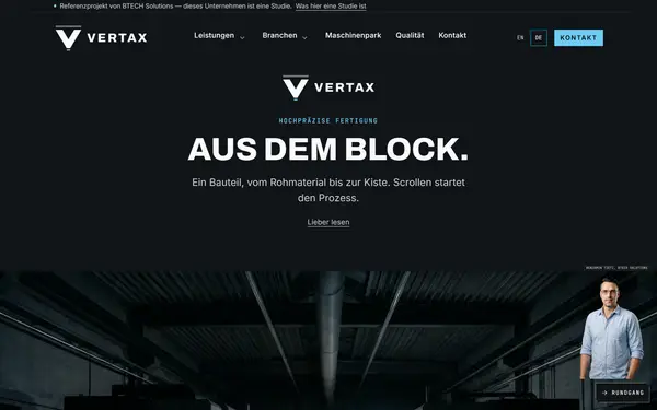 VERTAX Industries Industrie-Website mit scrollgesteuertem Fertigungsfilm und digitalem Assistenten