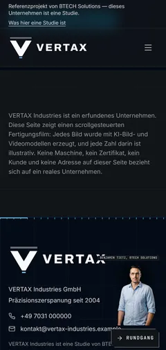 VERTAX Industries Industrie-Website mit scrollgesteuertem Fertigungsfilm und digitalem Assistenten – Was ein echtes Projekt davon übernimmt (Smartphone)