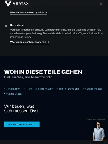 VERTAX Industries Industrie-Website mit scrollgesteuertem Fertigungsfilm und digitalem Assistenten – Was ein echtes Projekt davon übernimmt (Tablet)